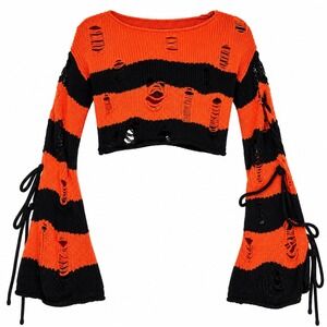 Cropped Halloween Sweater Women Sz Small Orange Black Distressed Freddy Kruger